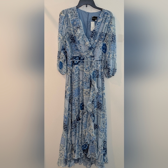 Maison Tara Blue Patchwork Floral Midi Dress Size 12 Cottagecore Wrap Boho - Picture 8 of 10